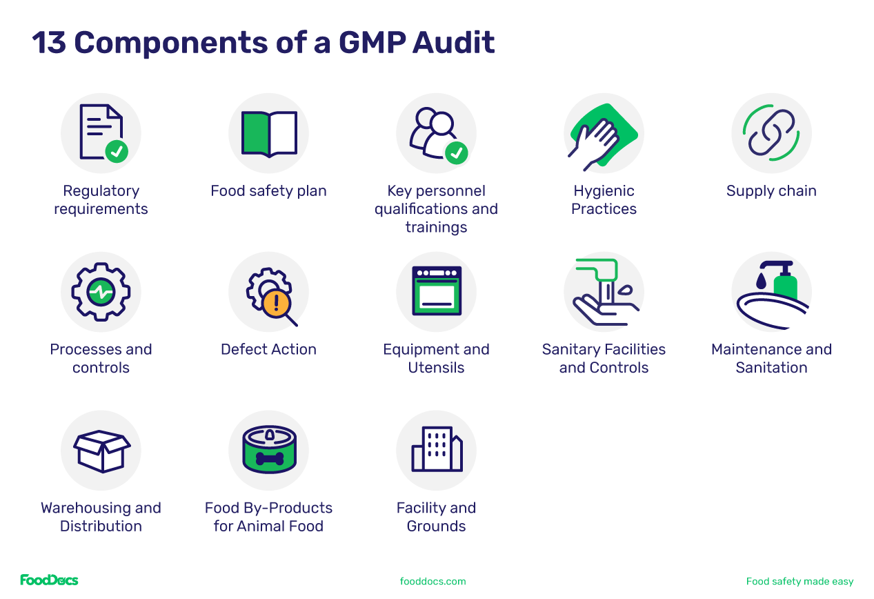 Graphic outlining the 13 components of a GMP audit such as regulatory requirements, food safety plan, hygiene practices, processes and controls, defect actions, and more.