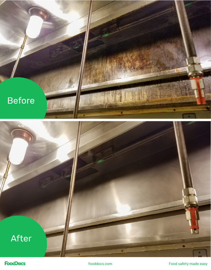 Restaurant hood before and after a thorough commercial cleaning.