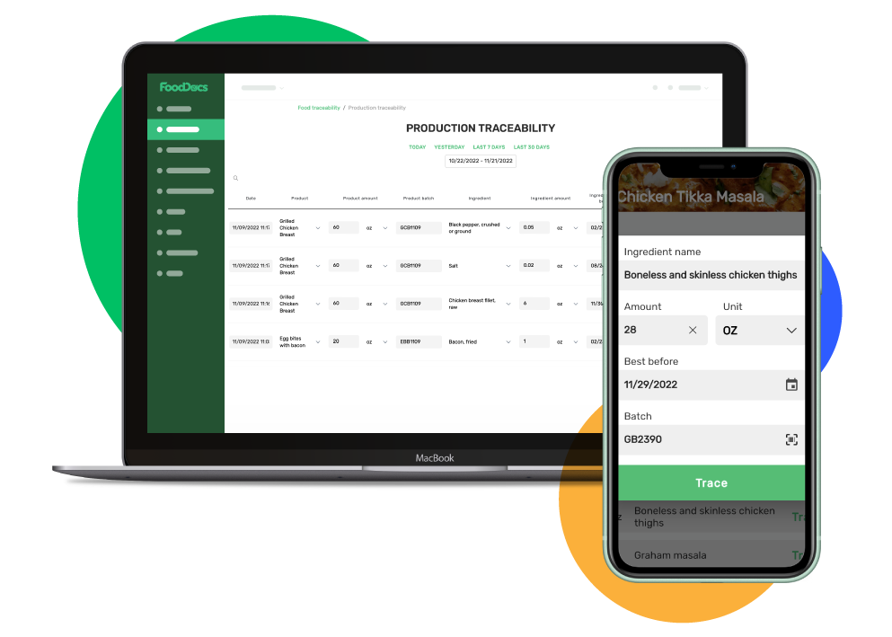 Mobile and desktop preview of the FoodDocs food traceability tool inside our food safety management software.