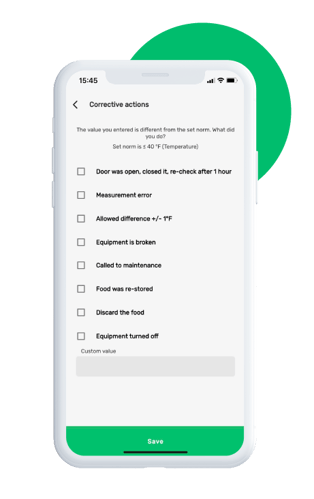 FoodDocs mobile app preview of corrective actions for healthcare food safety software. FoodDocs mobile app preview of corrective actions for healthcare food safety software.