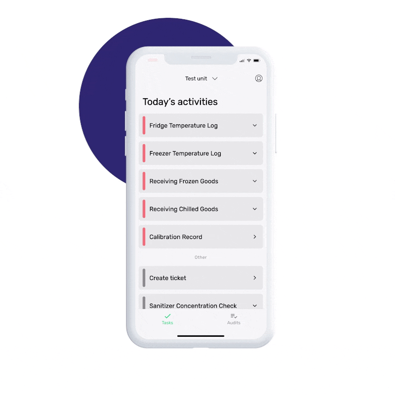 Preview of the FoodDocs mobile app where you can easily fill daily fridge temperature logs.