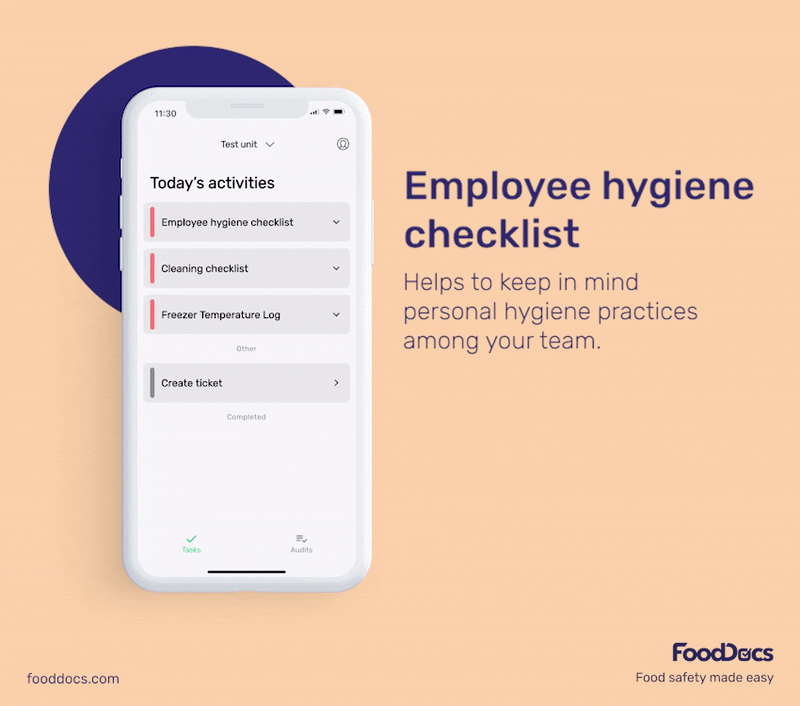 Preview of FoodDocs' mobile app employee hygiene checklist.