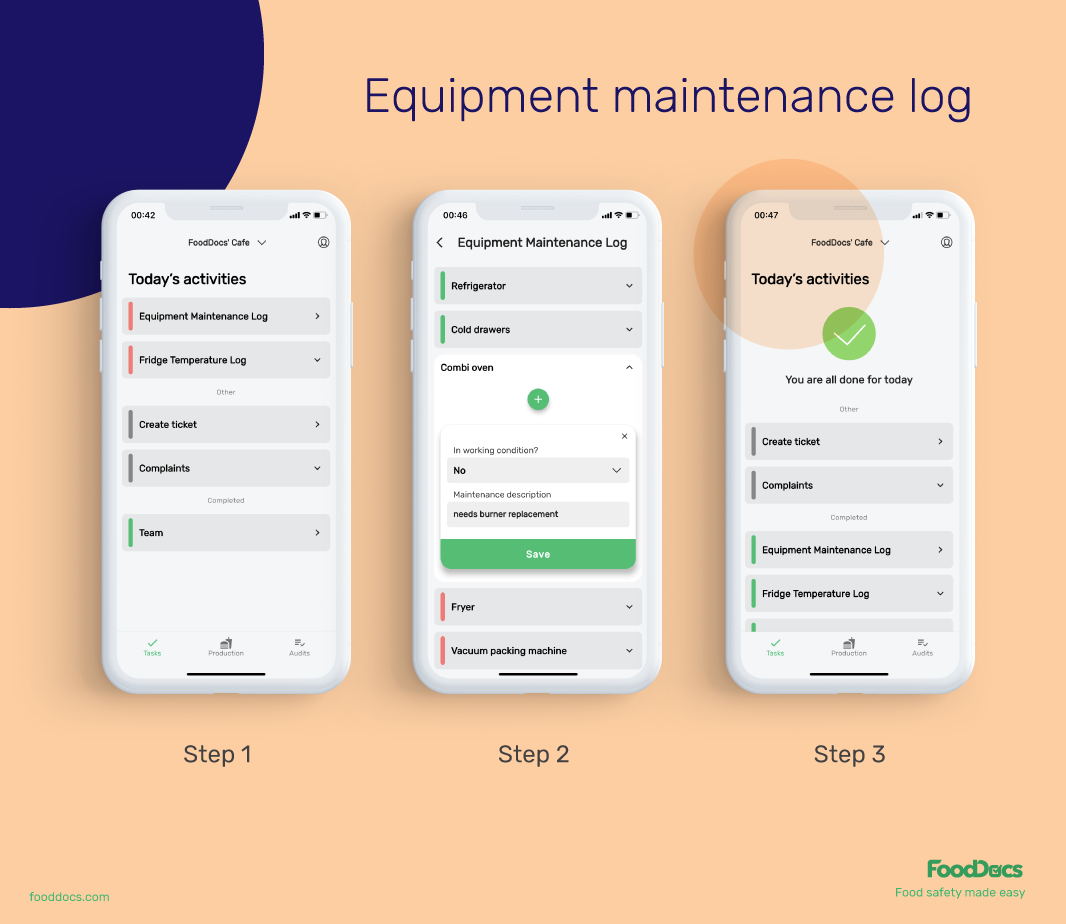 Equipment maintenance log at FoodDocs