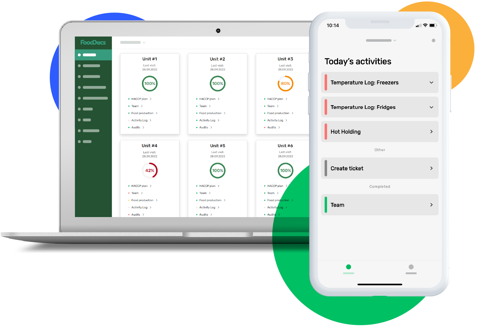Preview of FoodDocs' food safety overview and real-time dashboard, as well as daily monitoring activities.