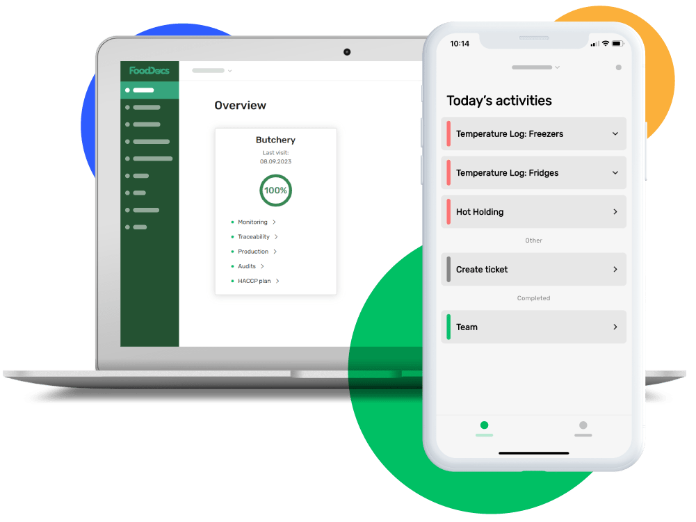 Preview of the FoodDocs Food Safety Management Software with a desktop and mobile app.