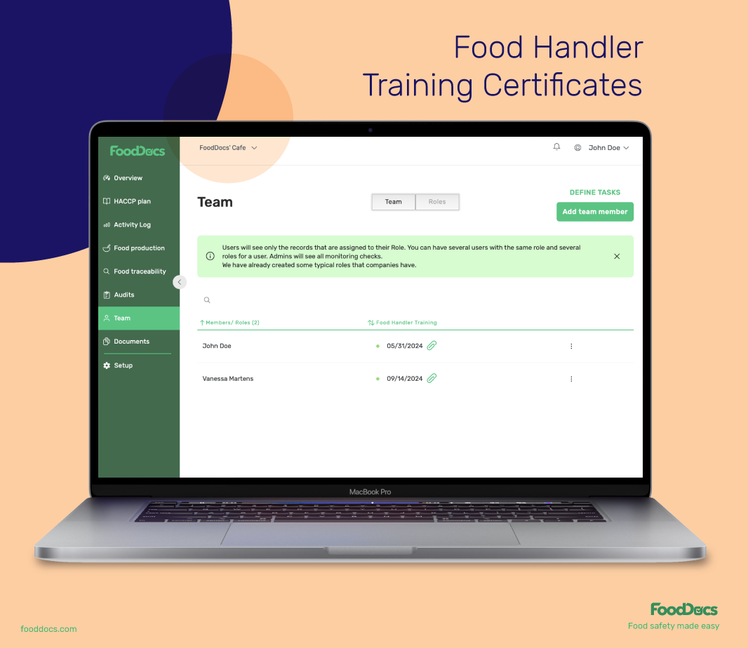 Food handler training certificates stored in FoodDocs