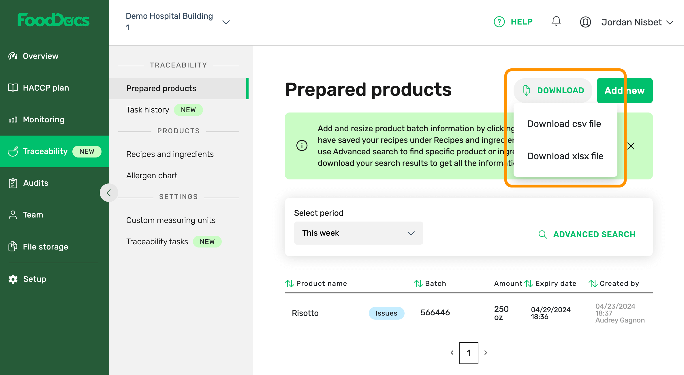 Example of how you can download all the traceability details for prepared products in FoodDocs.