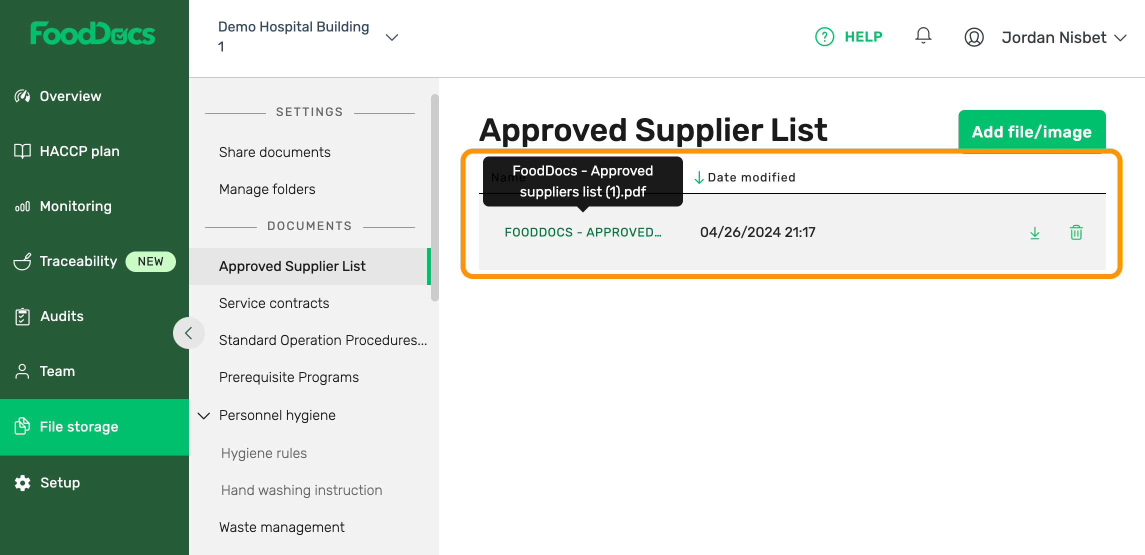 Example of FoodDocs File Storage feature where you can upload and safely store your approved supplier list.