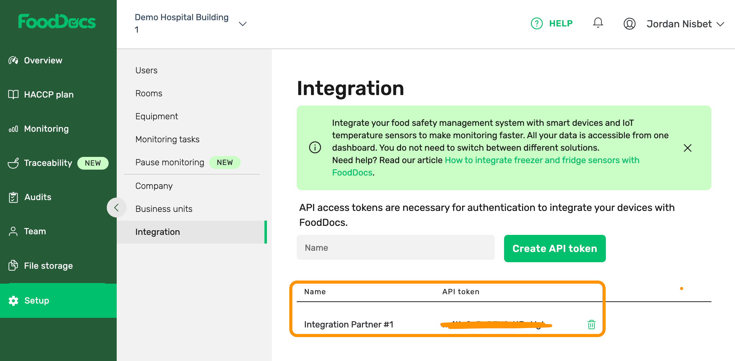 Example of where to find and generate an API token for FoodDocs integrations partners.