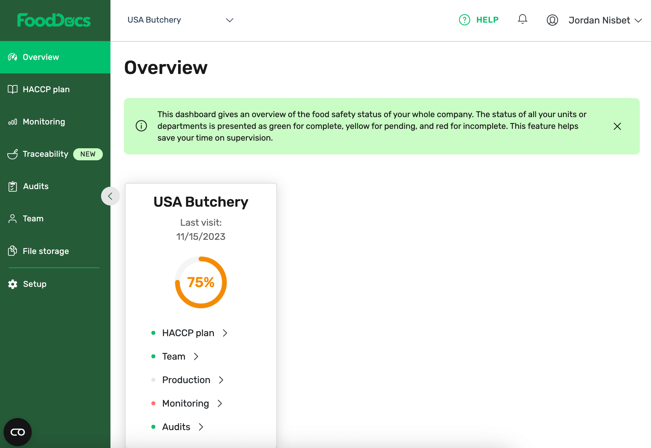 Preview of the FoodDocs food safety Overview feature using a USA Butchery as an example.
