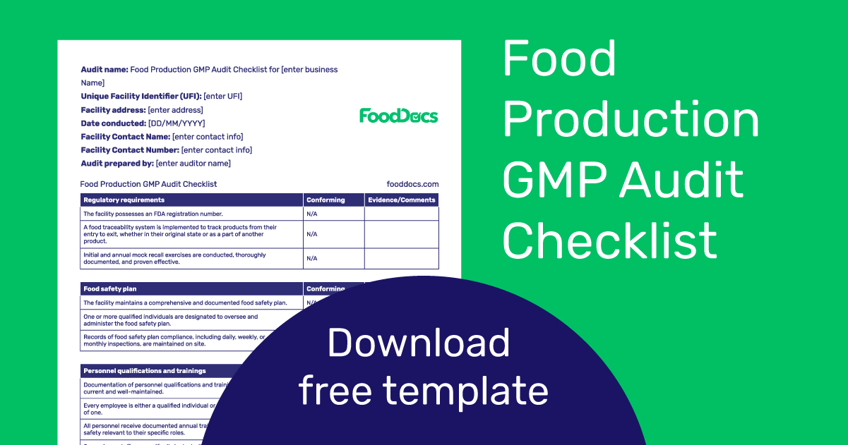 Preview of the GMP audit checklist free template download.