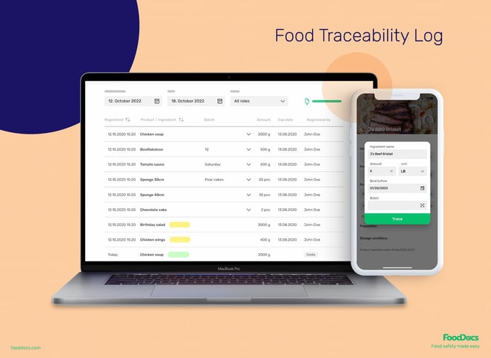 A preview of FoodDocs' food traceability log on the desktop and mobile app.