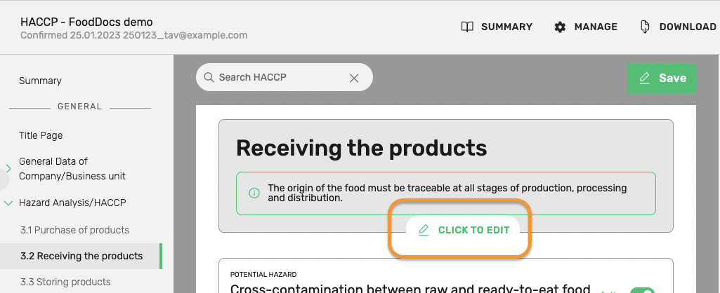 HACCP > How to edit HACCP block?