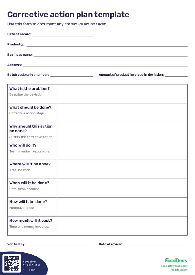 Free corrective action plan template from FoodDocs.