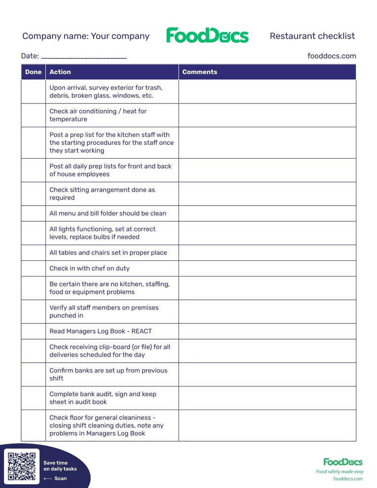 Restaurant Checklist | Download Free Template