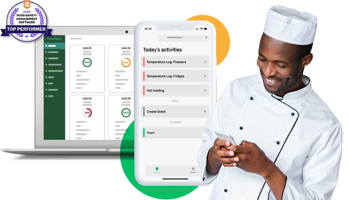 Chef using FoodDocs' healthcare food safety software on a mobile device.