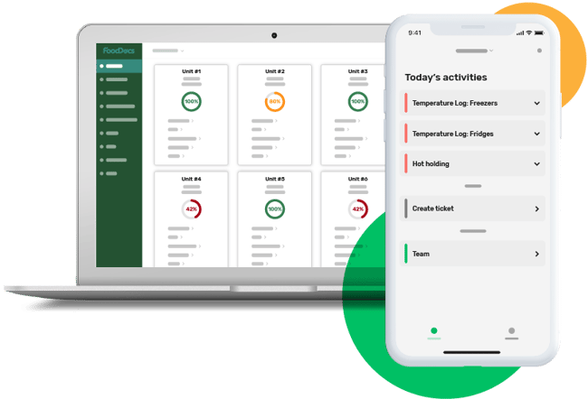 Preview of the FoodDocs digital food safety management system desktop and mobile app
