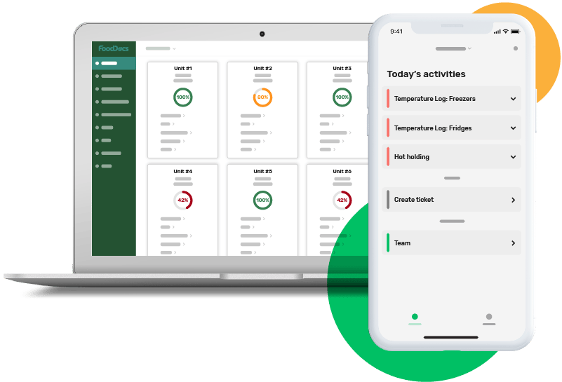 Preview of the FoodDocs digital food safety management system desktop and mobile app