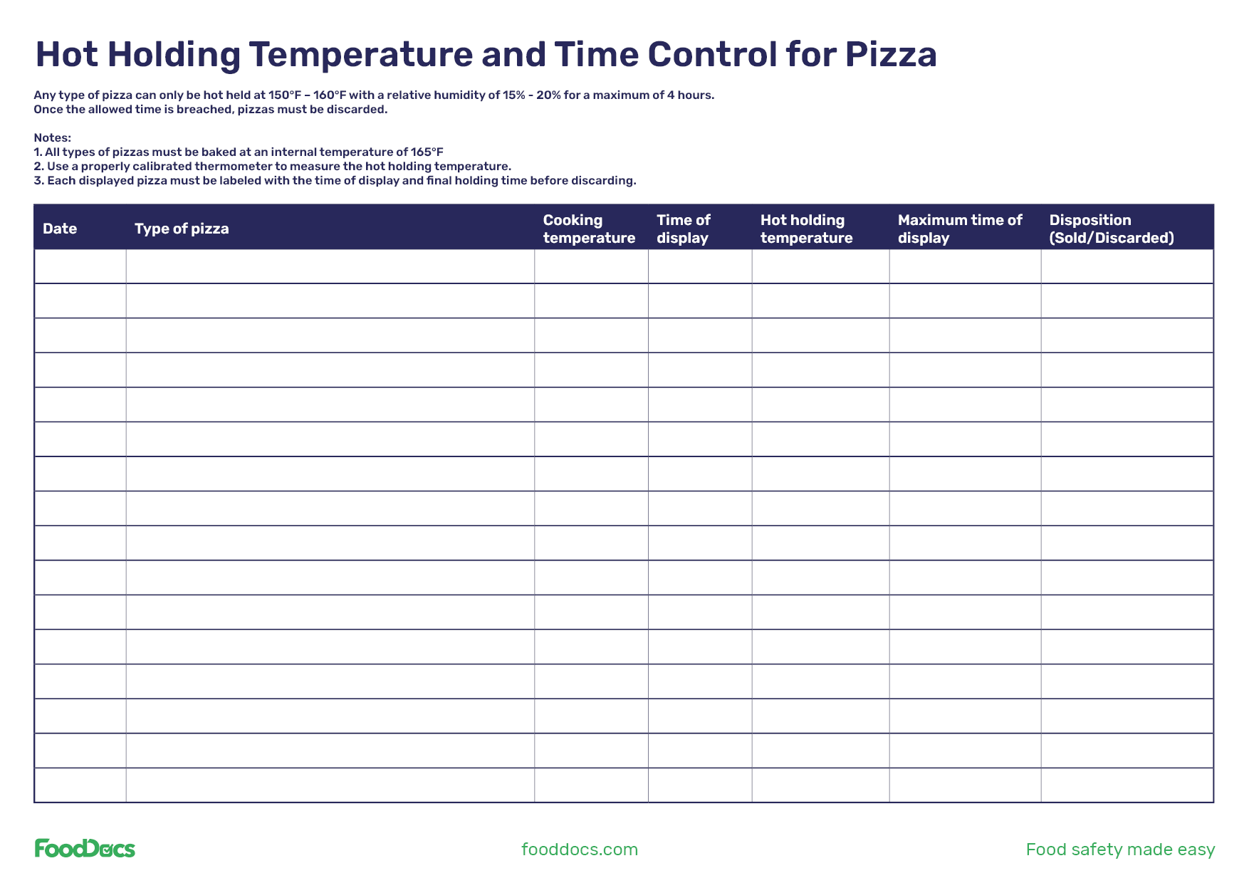 Pizza Hot Holding Log | Download Free Template
