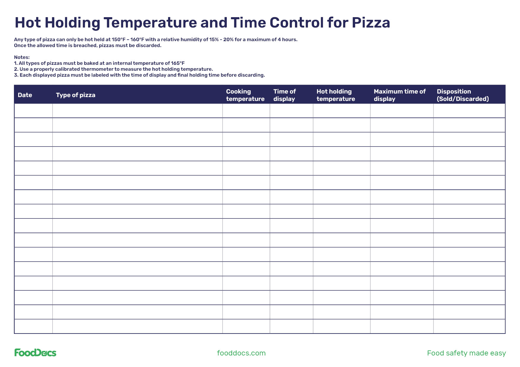 what is the minimum hot holding temperature requirement for pizza | Download Free Template