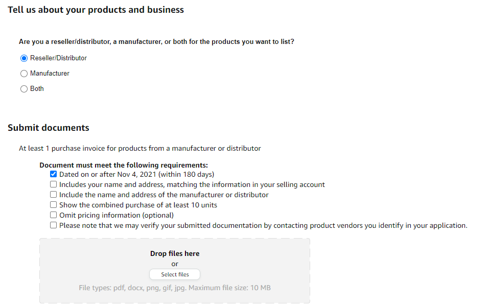 Screenshot of the Amazon Seller Central dashboard where you submit food business details and compliance documents to sell in the gated categories.
