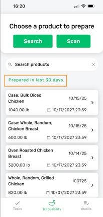 Traceability view prepared in last 30 days inside FoodDocs' food safety mobile app.