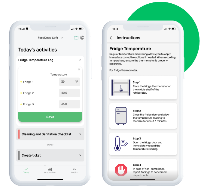 Preview of FoodDocs food safety compliance software for monitoring tasks.