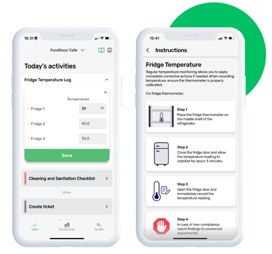 Preview of mobile devices showing FoodDocs training management feature for teams responsible for monitoring inside its restaurant food safety software mobile app. Preview of mobile devices showing FoodDocs training management feature for teams responsible for monitoring inside its restaurant food safety software mobile app.