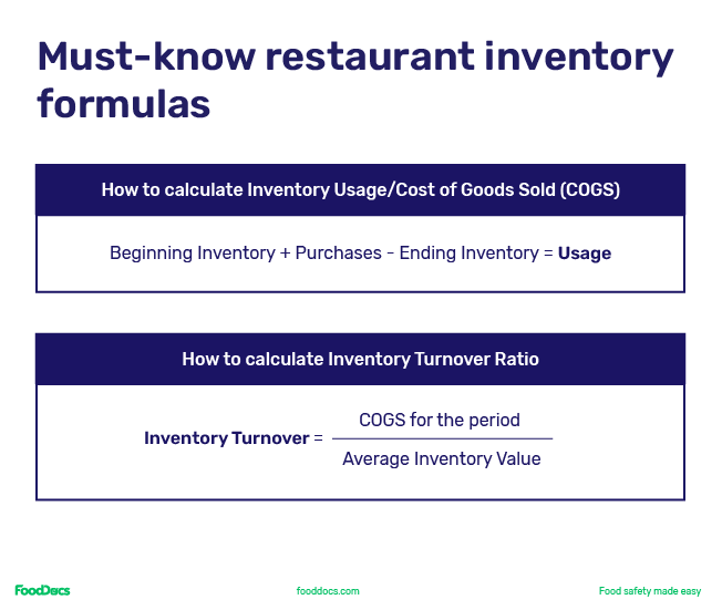 Two important restaurant inventory formulas including the inventory usage or cost of goods sold and the inventory turnover ratio.