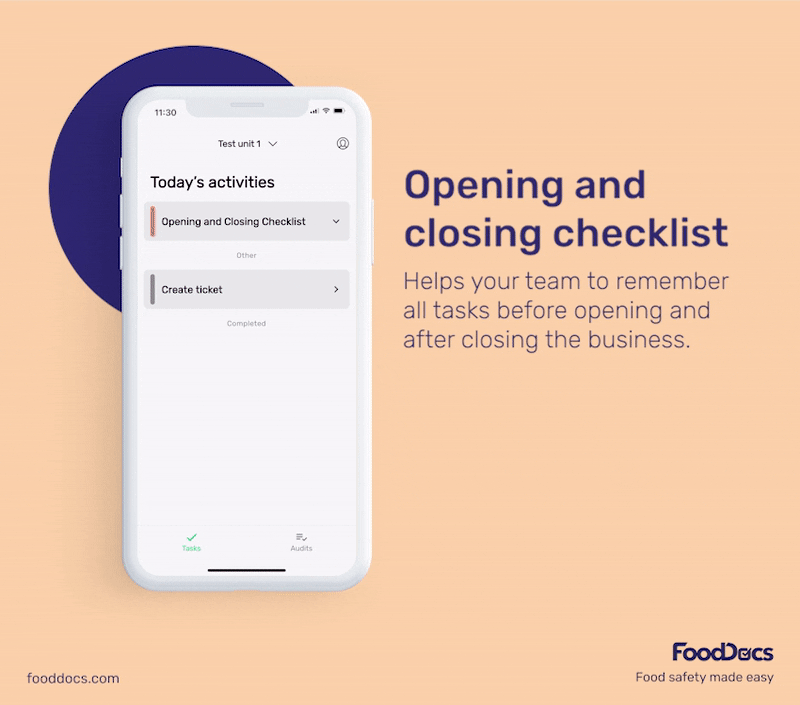GIF preview of FoodDocs mobile app opening and closing checklists.