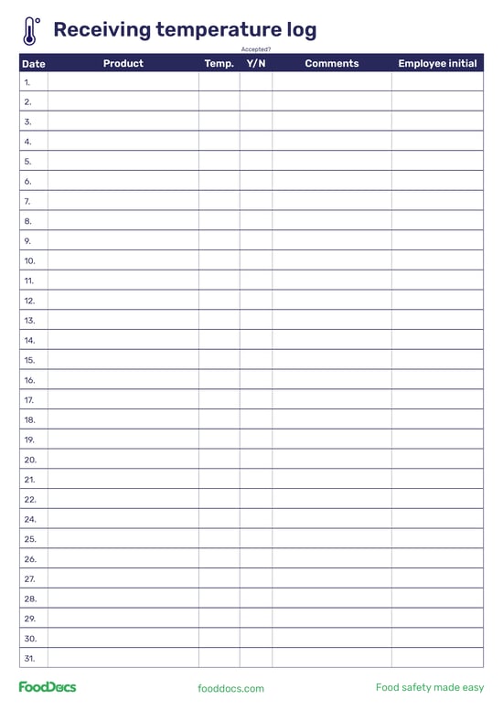 Receiving Temperature Log | Download Free Template