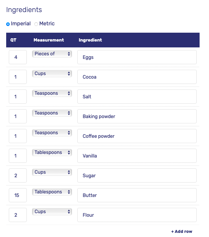 Recipe card calculator ingredients