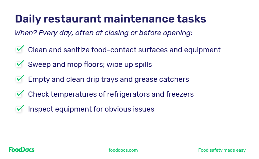 List of five daily restaurant maintenance tasks.
