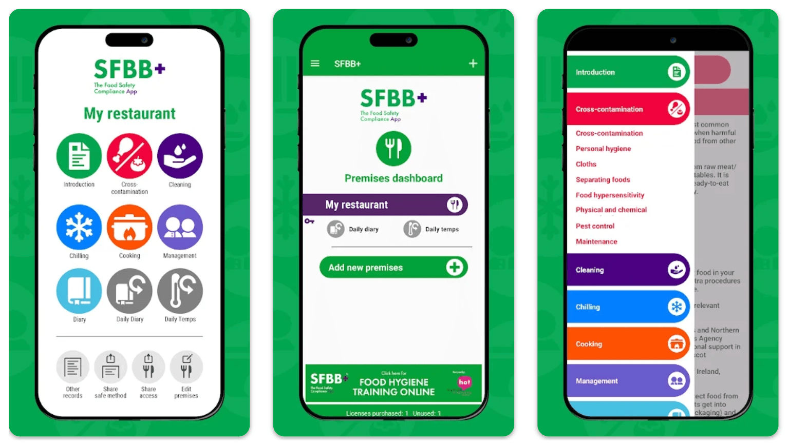 Preview of the SFBB+ food hygiene app.