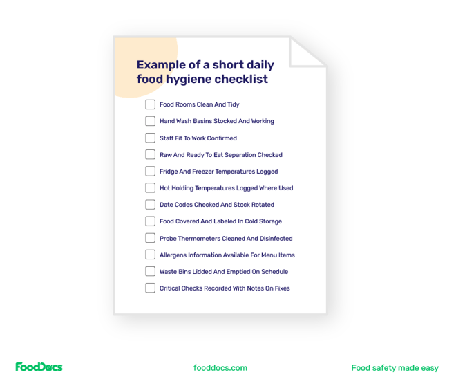 Example of a short daily food hygiene checklist.