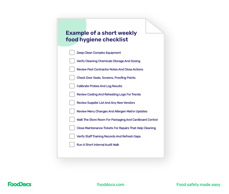 Example of a short weekly food hygiene checklist.