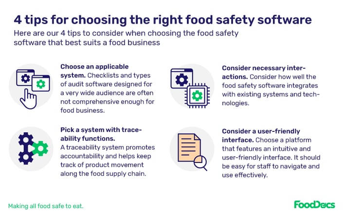 FoodDocs infographic showing the four tips for choosing the right food safety software for your business.