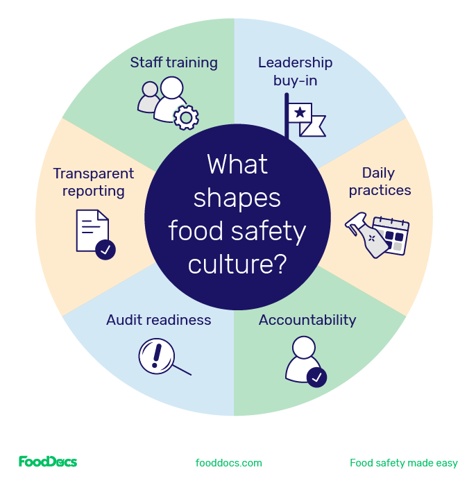 Six things that shape food safety culture in healthcare businesses including staff traning, leadership buy-in, daily practices, accountability, audit readiness, and transparent reporting.