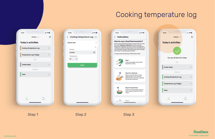 Preview of FoodDocs' cooking temperature log in the intuitive mobile app. Preview of FoodDocs' cooking temperature log in the intuitive mobile app.