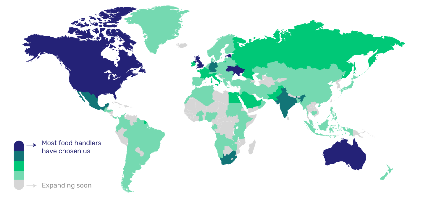 World map showing which companies and countries use the FoodDocs food safety software.