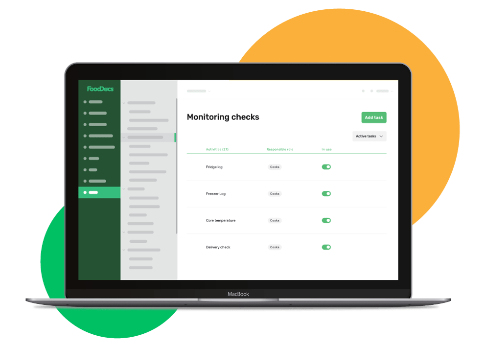 Preview of the FoodDocs Monitoring tool inside the food safety compliance software.