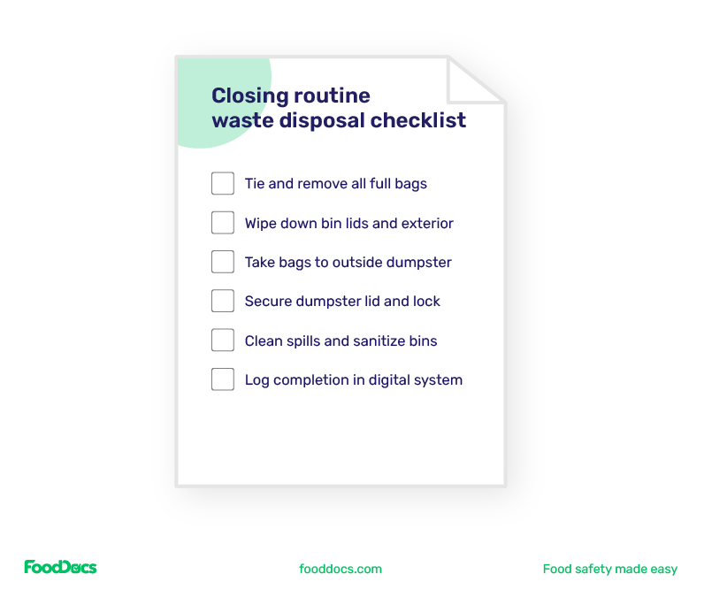 Example of a closing routine waste disposal checklist