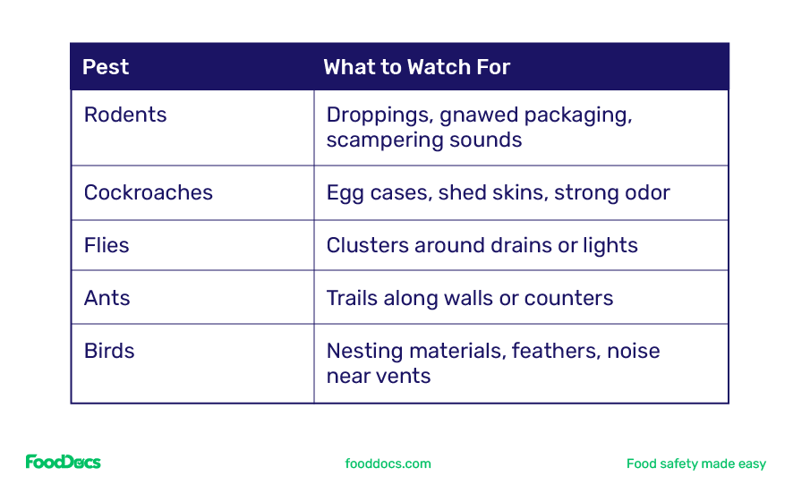 Table to summarize pest examples and common signs to watch for Table to summarize pest examples and common signs to watch for