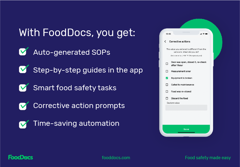 Checklist infographic with in-app illustration demonstrating what you get when using FoodDocs Checklist infographic with in-app illustration demonstrating what you get when using FoodDocs