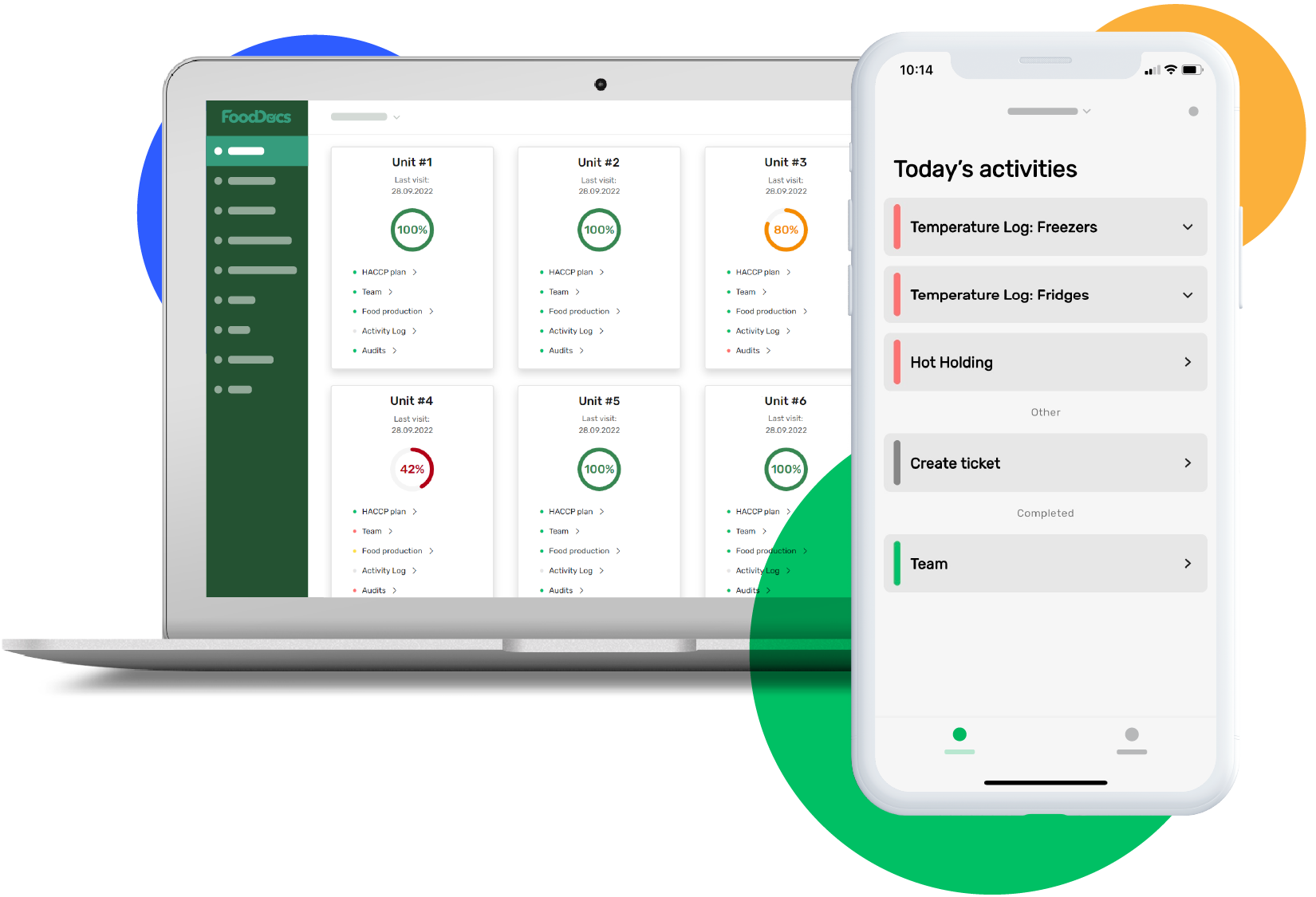 Desktop and mobile device preview of FoodDocs food safety monitoring software.