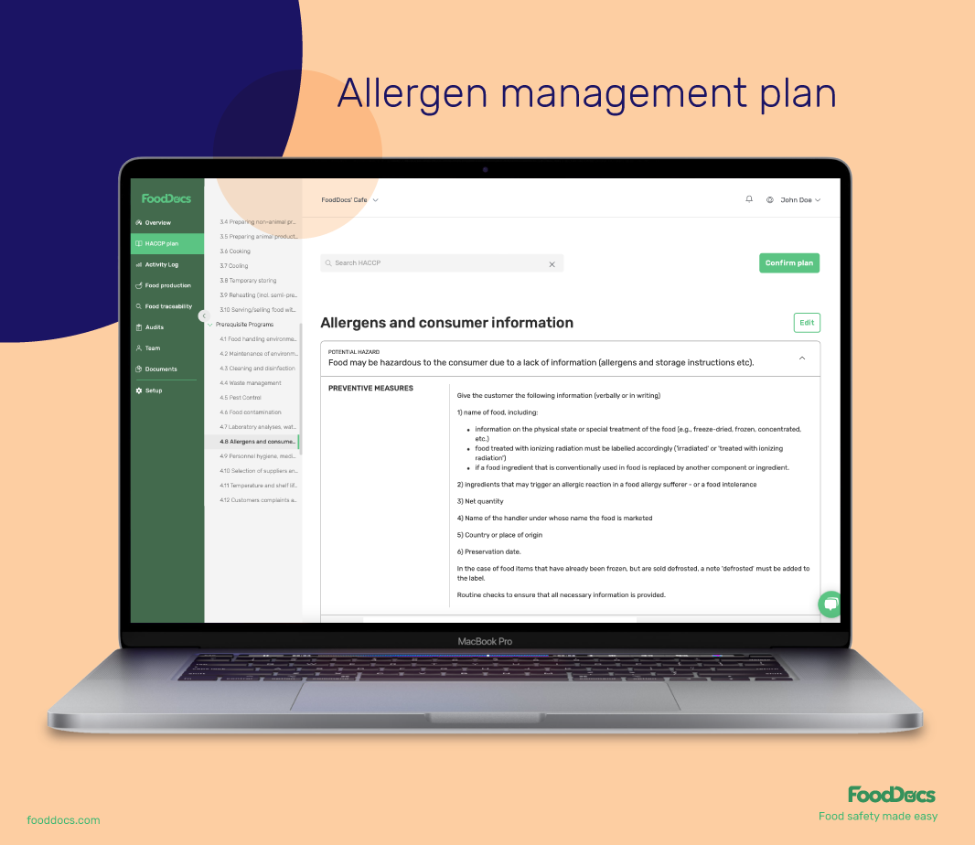 HACCP plan - Allergen management plan