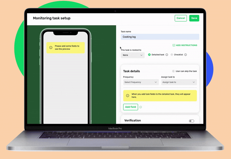 Preview of setting up a monitoring task in FoodDocs' food safety compliance software.