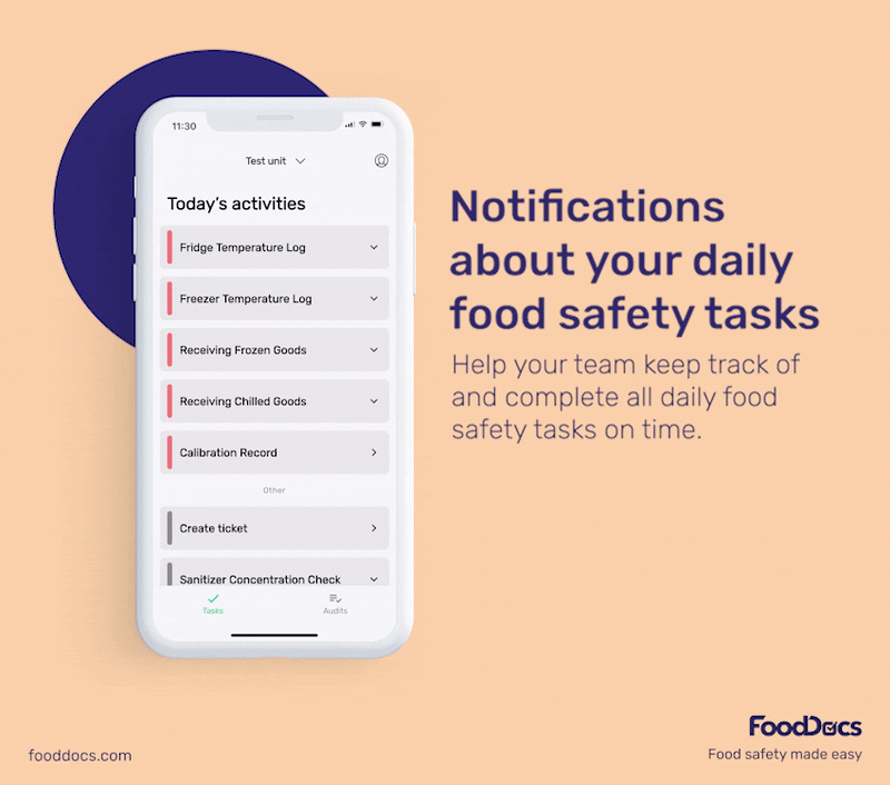 Gif showing a preview of the daily food safety task notifications team members get in the FoodDocs mobile app. Gif showing a preview of the daily food safety task notifications team members get in the FoodDocs mobile app.