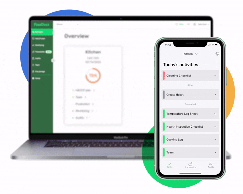 Animated gif showing the overview dashboard on laptop and filling in cleaning checklist in mobile app