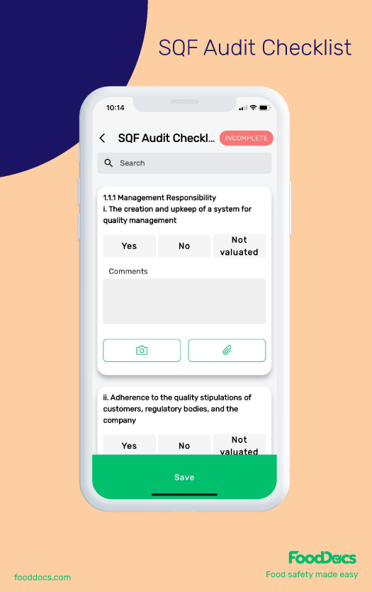 Example of an SQF audit checklist being completed in the FoodDocs mobile app.